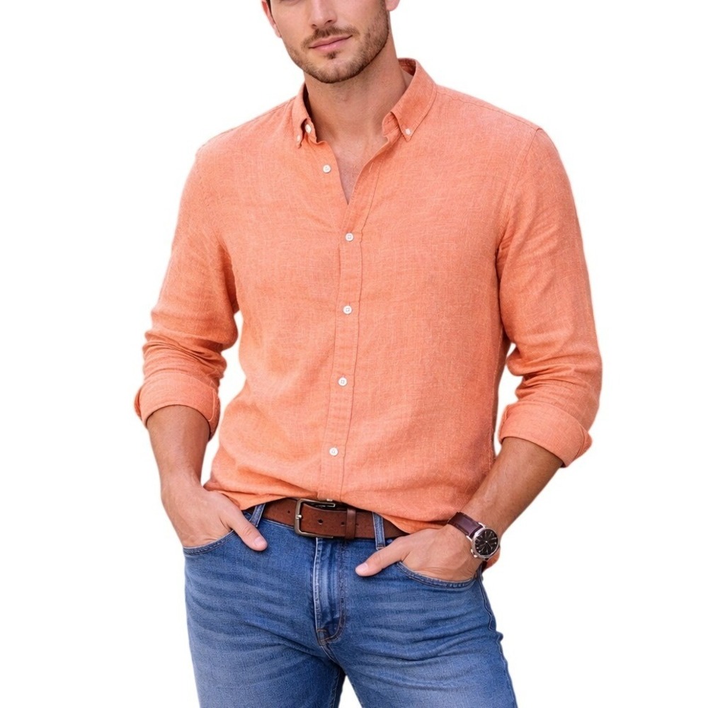 Murano Slim Fit Baird McNutt Linen Shirt‎ Mens Medium Orange White Striped L/S